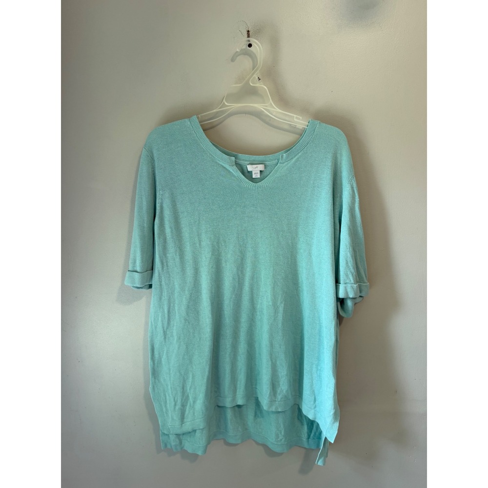 J. Jill Aqua Blue Linen Blend Knit Top Short Sleeve V-Neck Petite Large L P